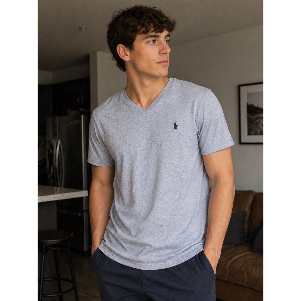Polo Ralph Lauren‎ Mens XL V-Neck T-Shirt light blue Short Sleeve Pony Logo